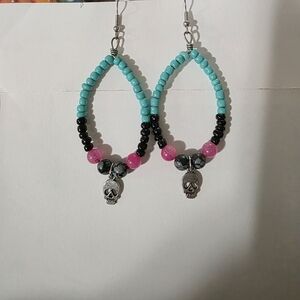 3/$20 Beaded Skull Earrings in Turquoise and Pink